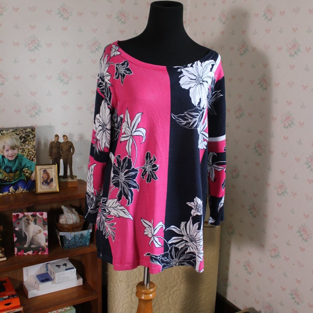 NWT Joseph A. Yvette Floral Sweater, Pink-Navy-White, 3/4 Sleeves, Large